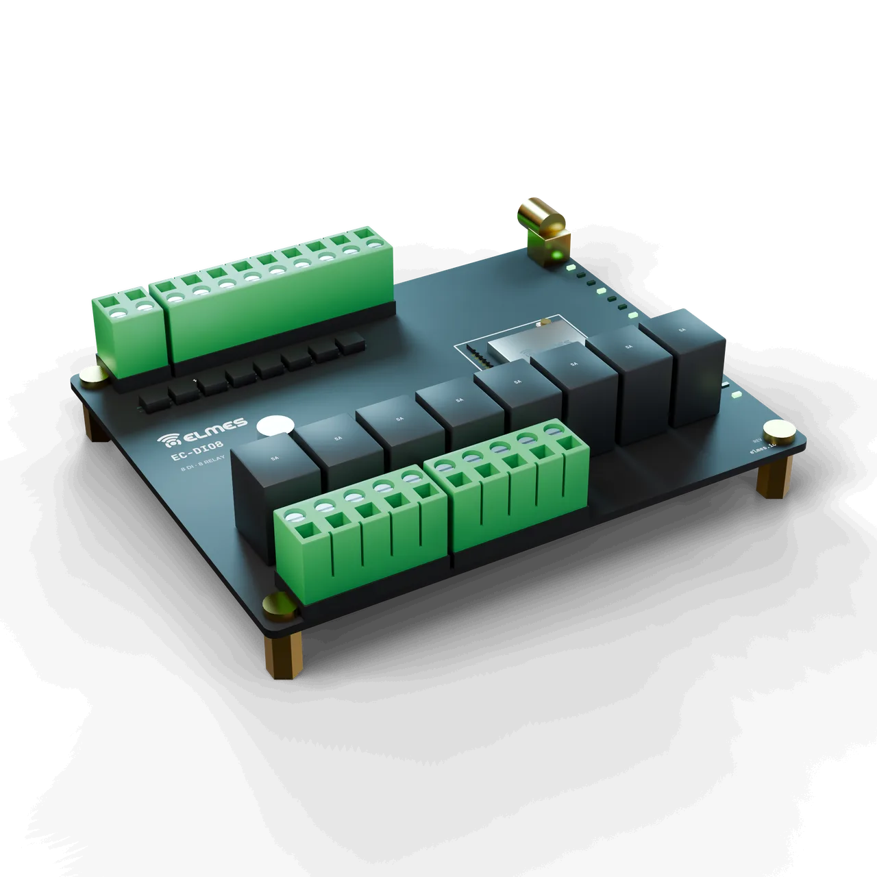 EC-DIO8 taşıyıcı kart: mat siyah PCB, yeşil klemensler, 8 röle ve takılı EM-G0L-433 modülü
