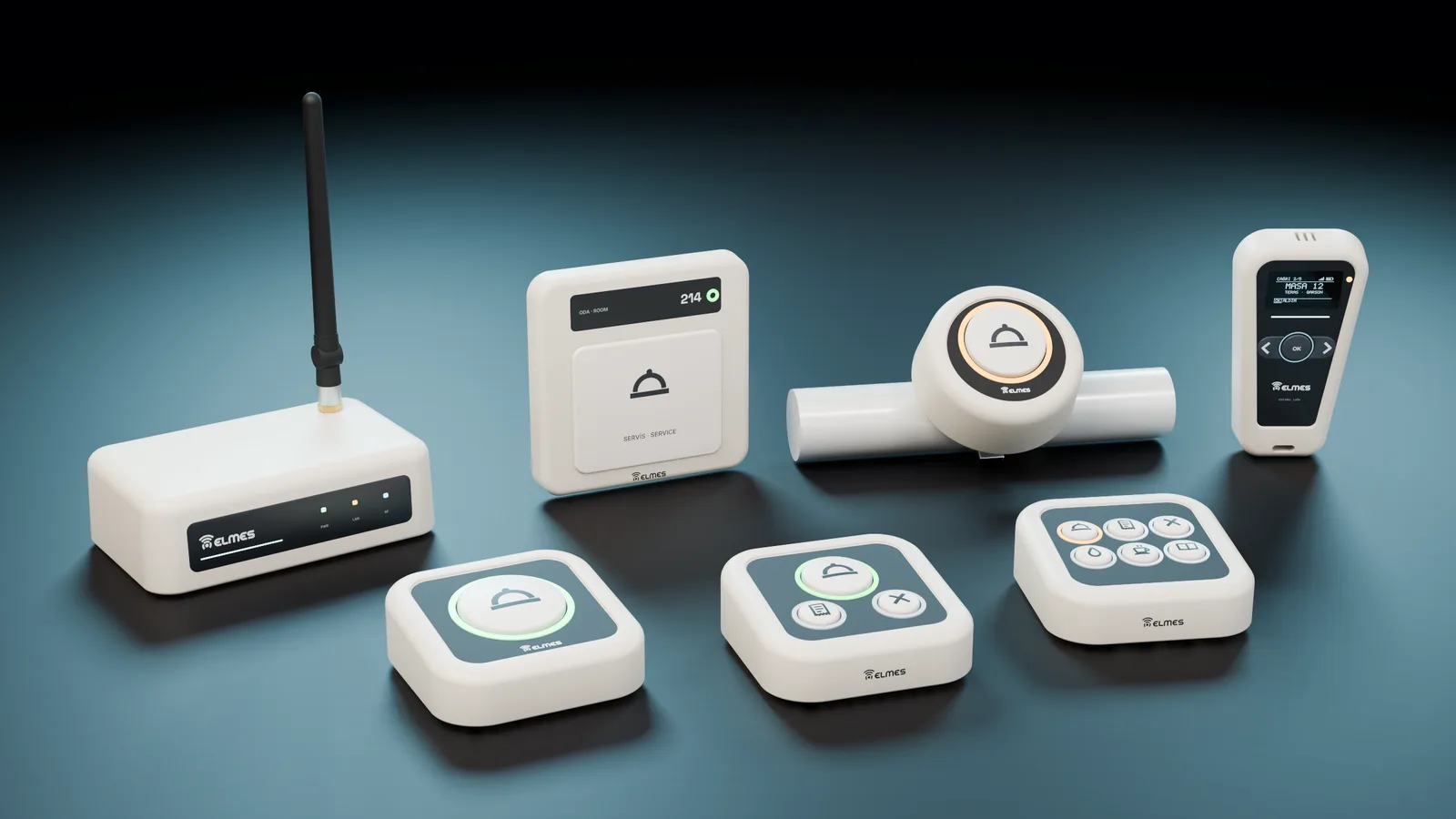 Garson çağırma bileşenleri: 1, 3 ve 6 tuşlu masa butonları, şezlong ve oda butonları, garson pager'ı, antenli gateway