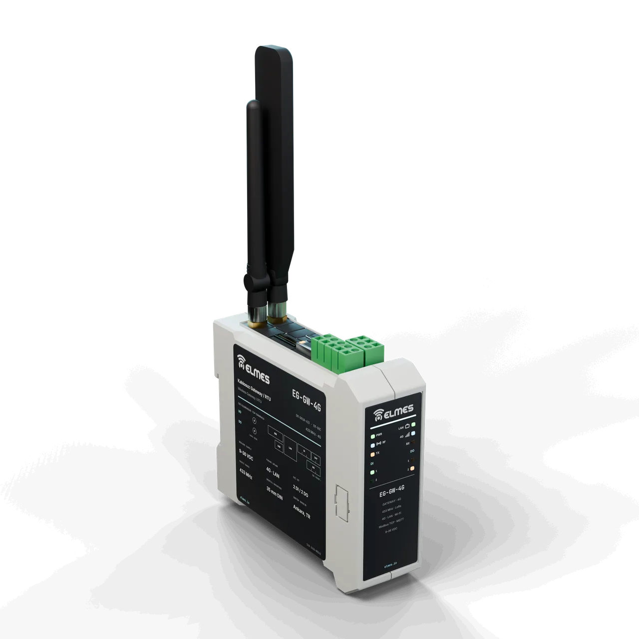 EG-GW-4G gateway: DIN ray kasası, üstte klemensler, RJ45, USB-C, SIM, 433 MHz ve 4G antenleri