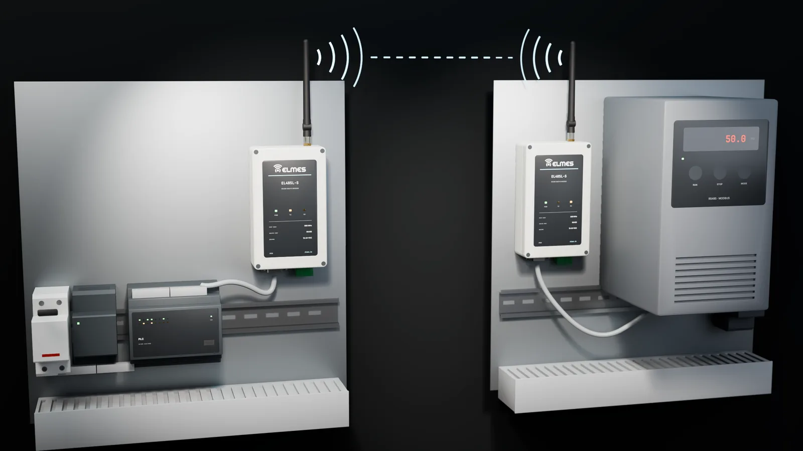 İki uzak panoda PLC ile frekans çevirici arasındaki RS485 hattını taşıyan iki EL485L-S modem