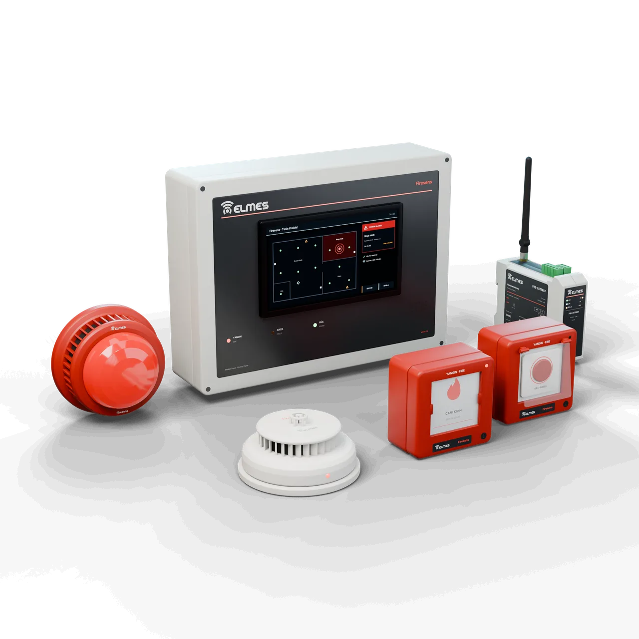 Firesens kablosuz yangın alarm ailesi: harita ekranlı merkez panel, siren, gateway, duman/ısı dedektörü ve iki ihbar butonu