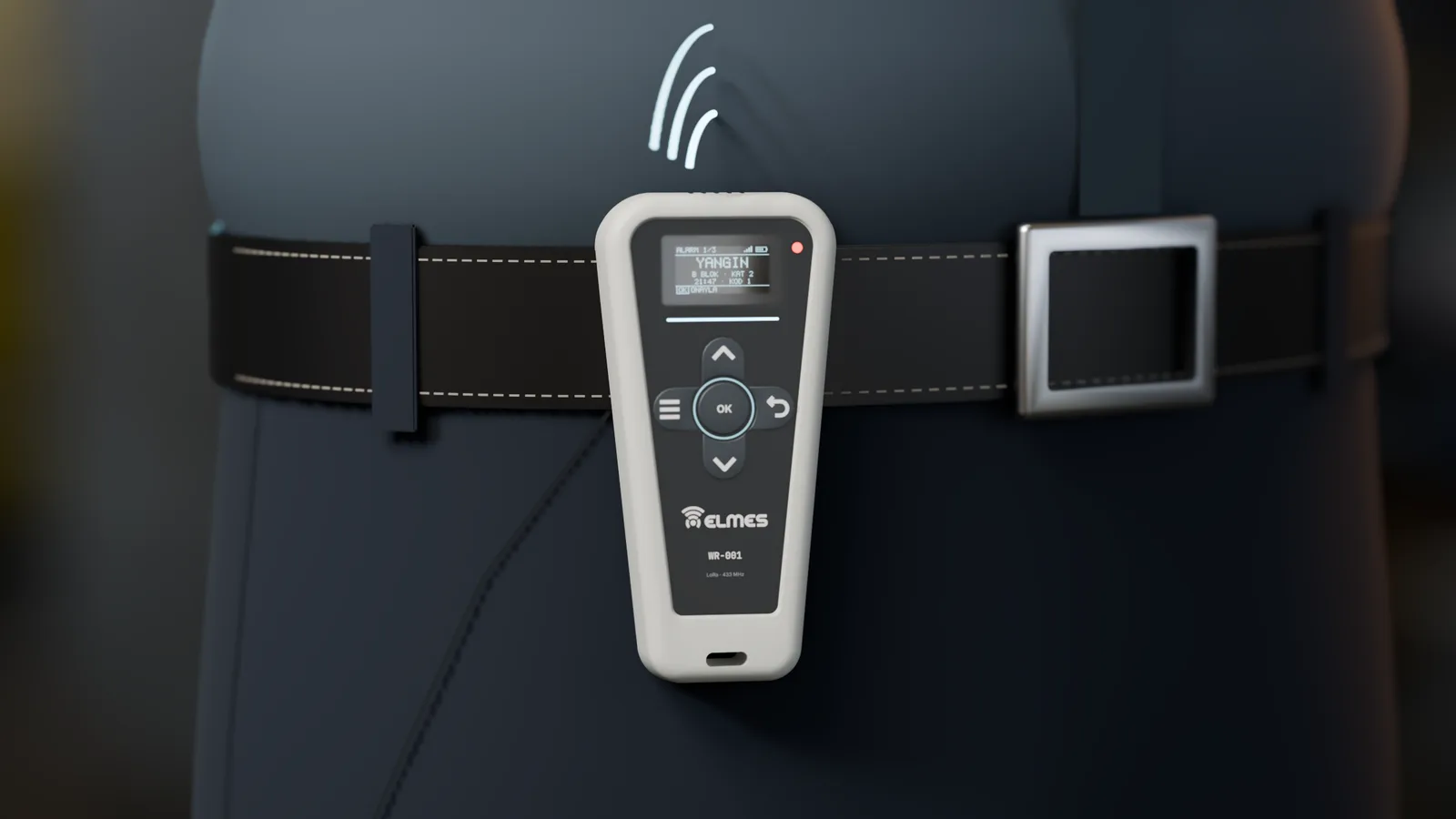 İş kemerine klipsli WR-001: ekranda yangın alarmı, alarm LED'i yanıyor, üstünde gelen sinyali gösteren cyan dalgalar