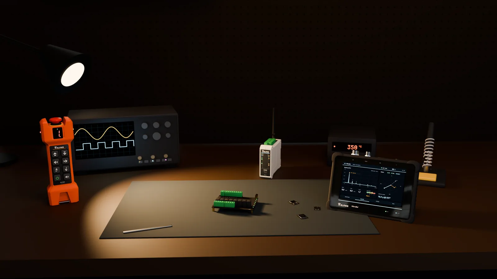 Workshop bench in Ankara: oscilloscope, soldering station, carrier board and first-generation Elmes devices in lamp light