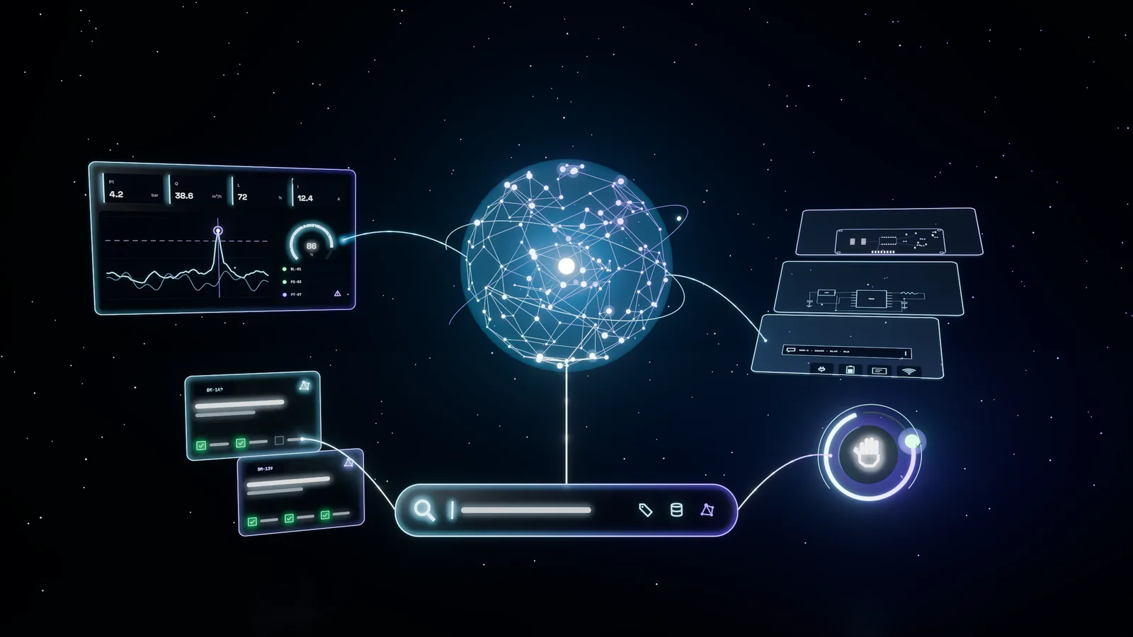 AI konsepti: merkezde bilgi grafiği küresi, cam telemetri panosu, PCB katmanları, kanban kartları ve insan onayı halkası